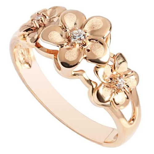 14K Pink Gold Triple Plumeria Ring with CZ Sandblast Polish Edge (S)