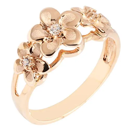 14K Pink Gold Triple Plumeria Ring with CZ Sandblast Polish Edge (S)