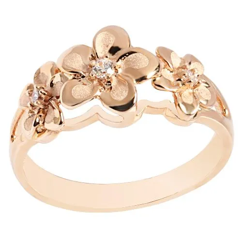 14K Pink Gold Triple Plumeria Ring with CZ Sandblast Polish Edge (S)