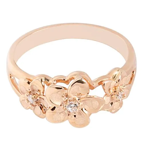 14K Pink Gold Triple Plumeria Ring with CZ Sandblast Polish Edge (S)