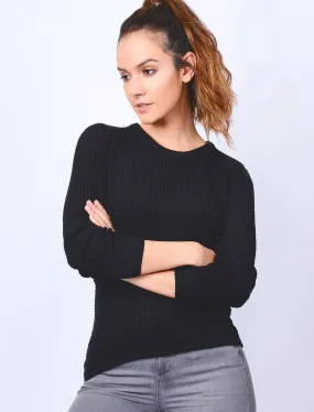 Ar Hockney Crew Neck Jumper with Curved Hem in Black - Amara Reya