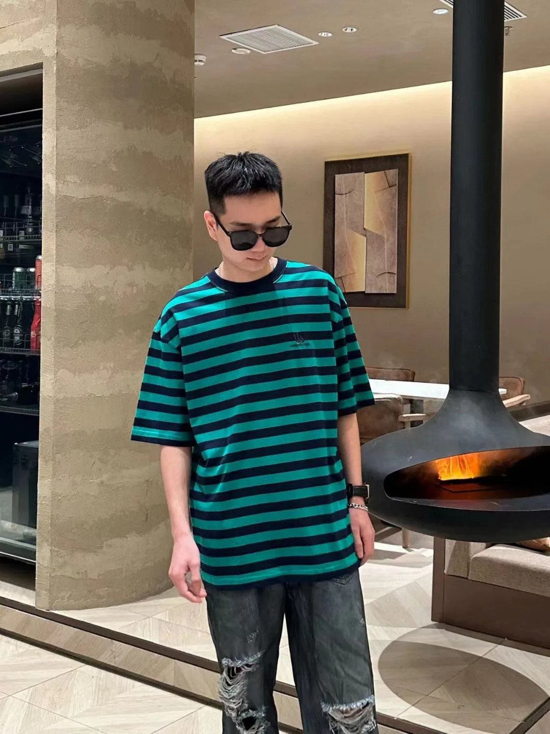 Balenciaga Green and Black Striped T-Shirt