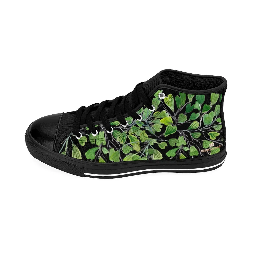 Black Fern Men's High-top Sneakers, Green Maidenhair Leaf Designer Tennis Running Shoes