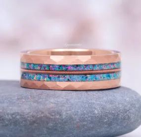 Blue Fire Opal & Guitar String Wedding Band- 8MM Rose Gold Tungsten