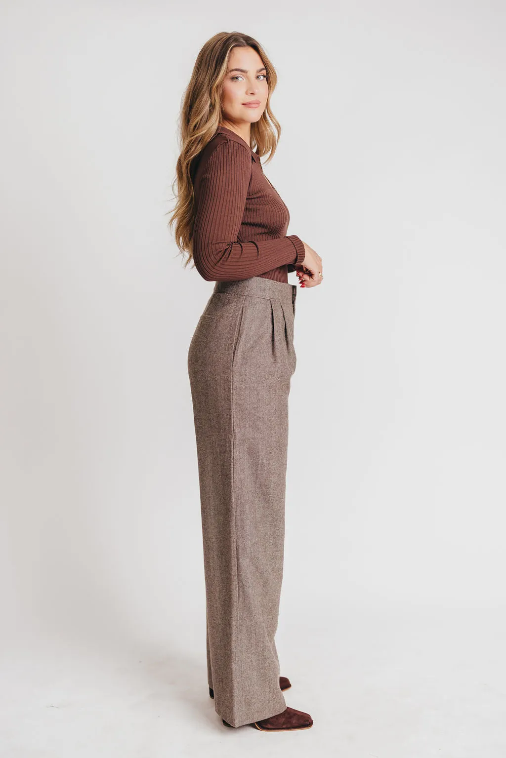 Cambri Herringbone Wide-Leg Trouser in Brown