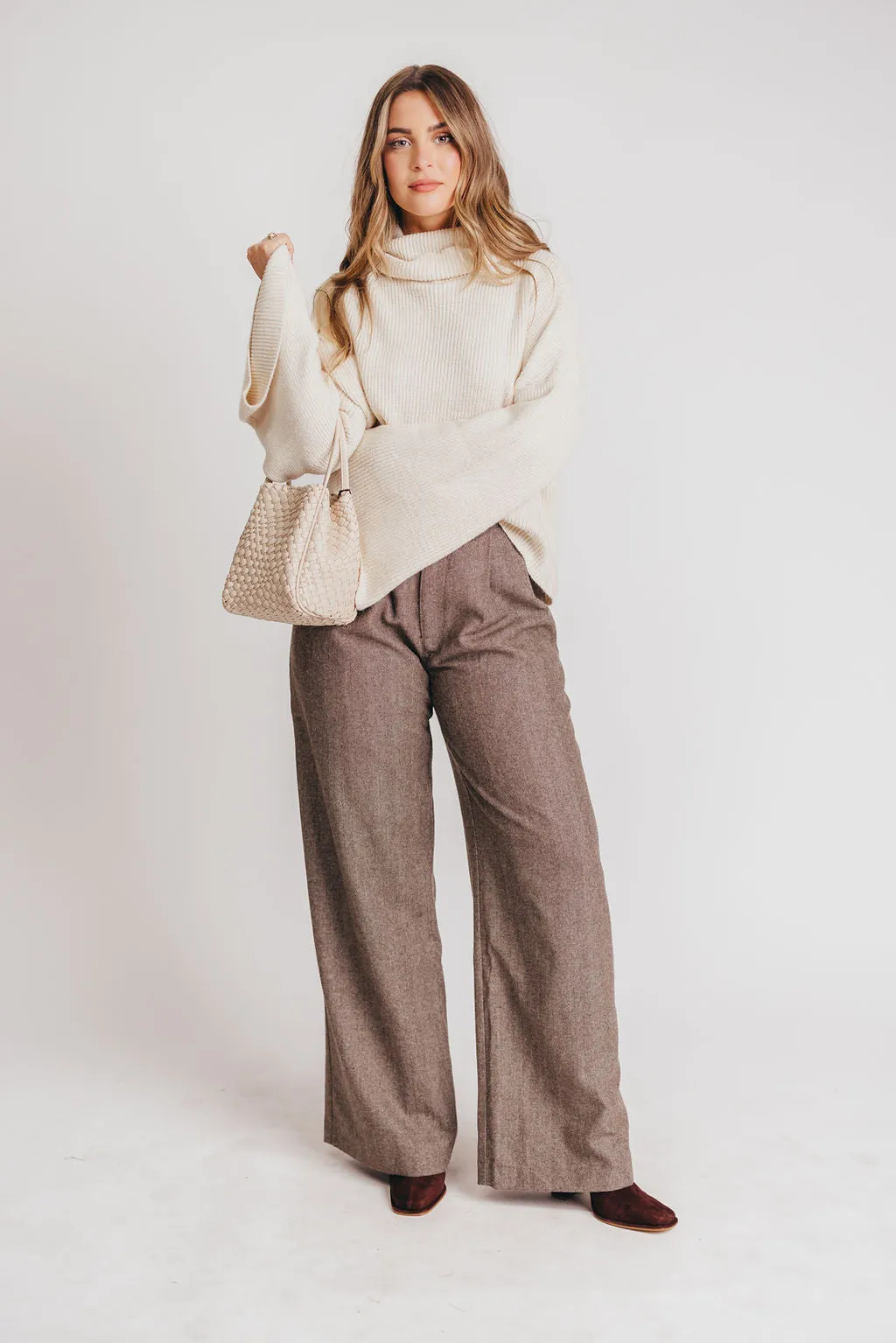 Cambri Herringbone Wide-Leg Trouser in Brown