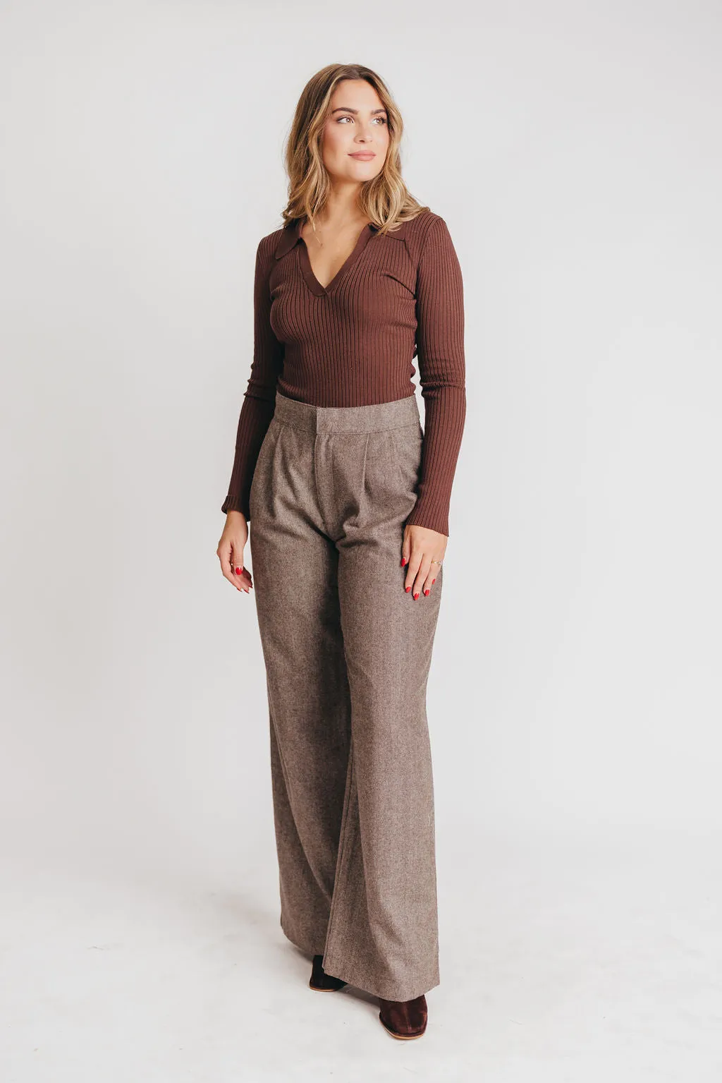 Cambri Herringbone Wide-Leg Trouser in Brown