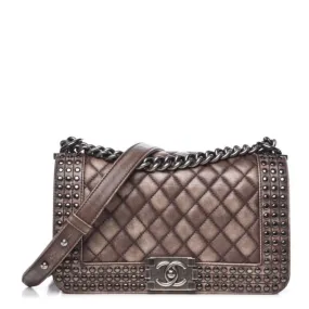 Chanel Handbag Boy Faded Quilted Medium Studded Flap Beige Brown Calfskin Leather Shoulder Bag