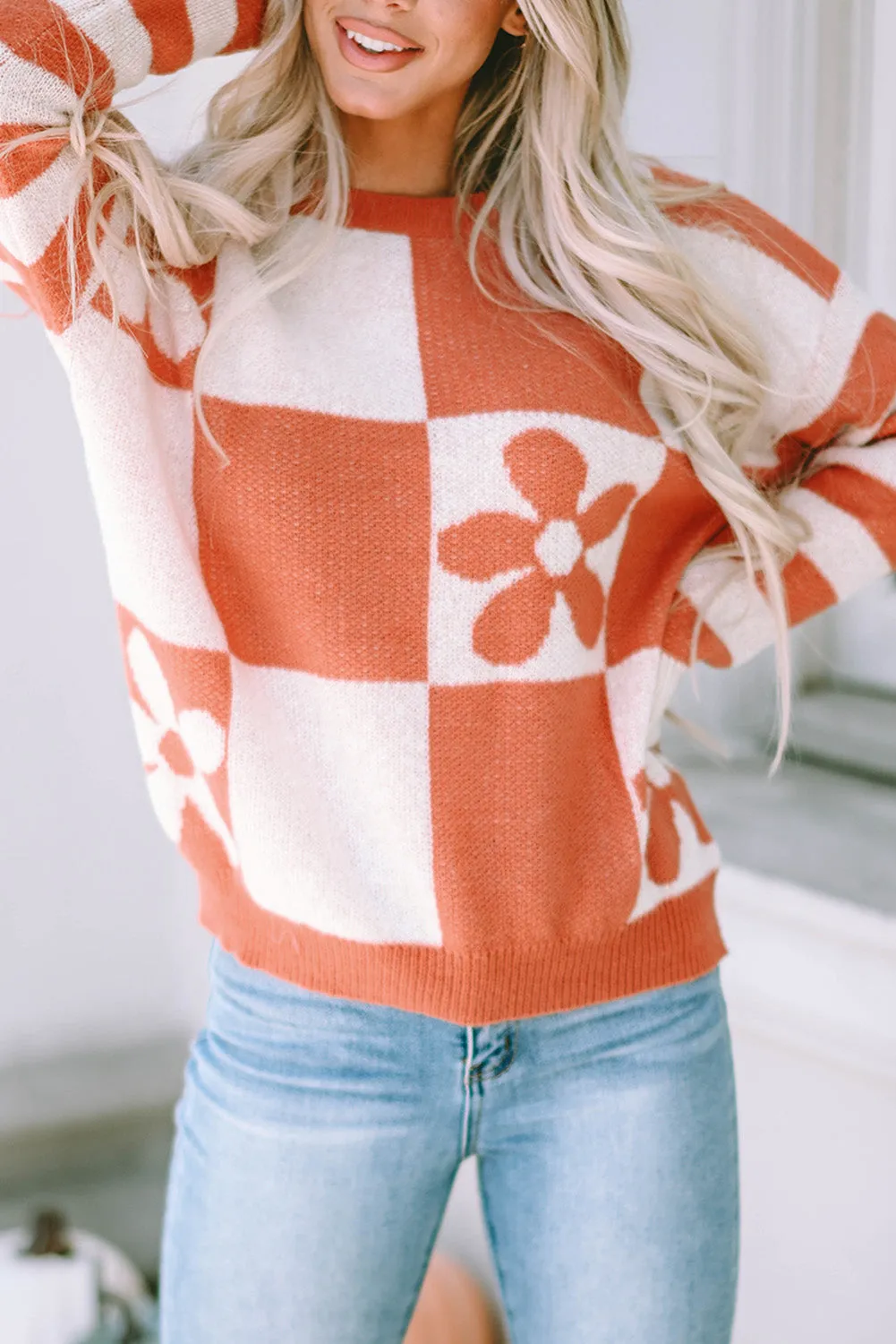 Checkered Floral Print Striped Sweater