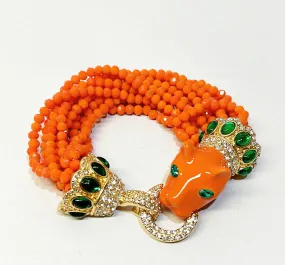 Fabulous coral multi strand statement bracelet with coral enamel leopard head