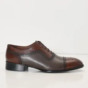 Hand Made Full Brogue Leather Cap Toe Derby Shoes - Brown & Green