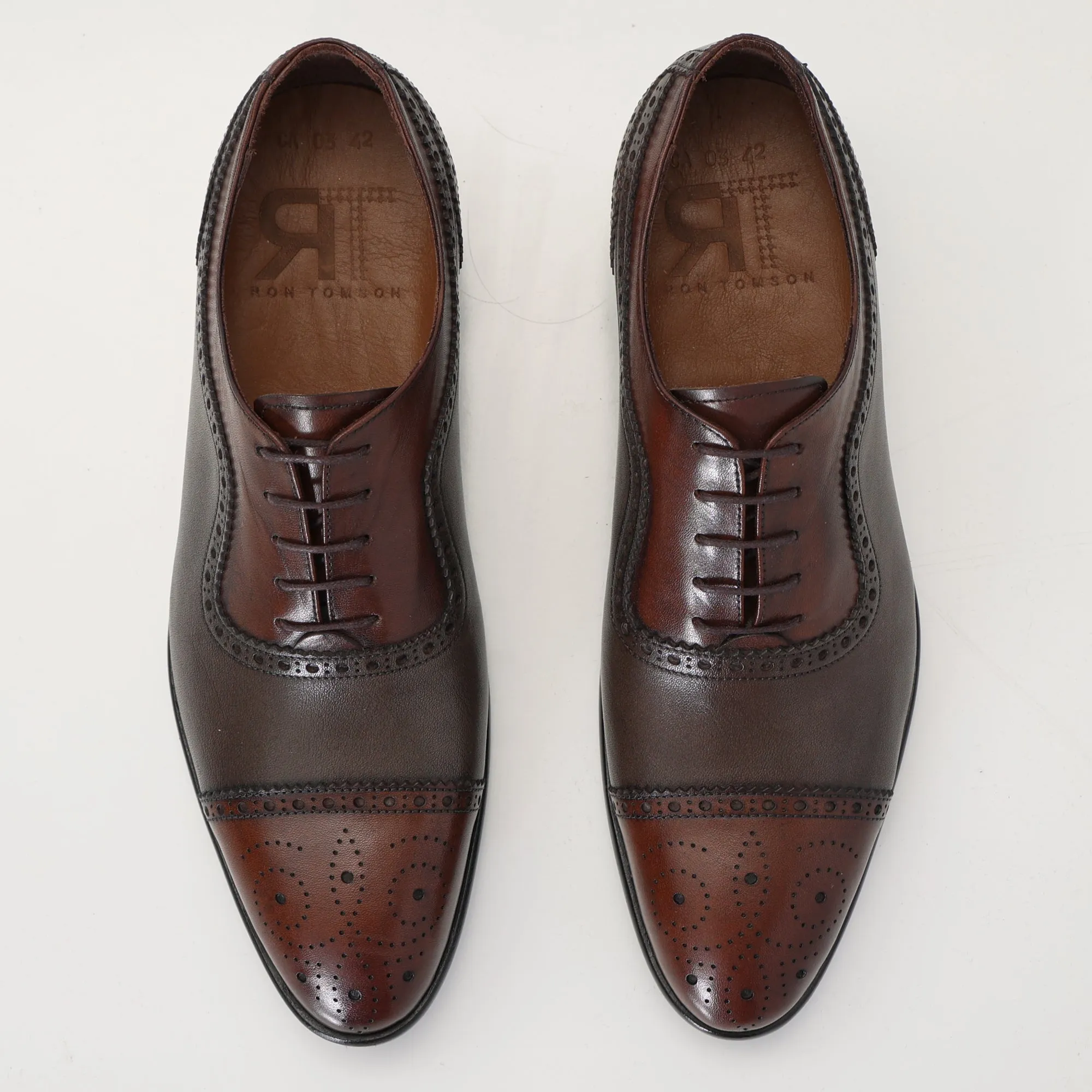 Hand Made Full Brogue Leather Cap Toe Derby Shoes - Brown & Green