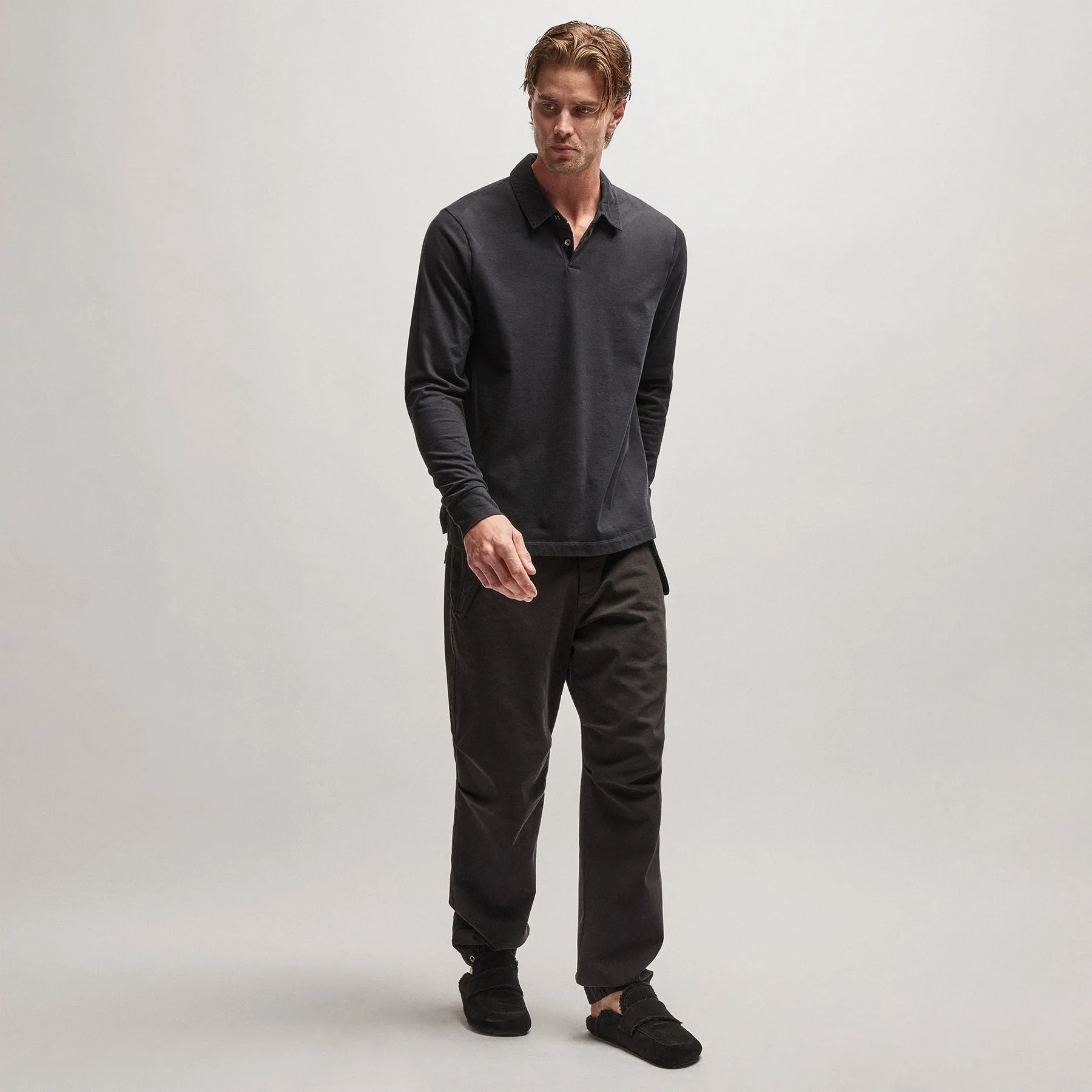 Heavy Luxe Jersey Long Sleeve Polo - Black