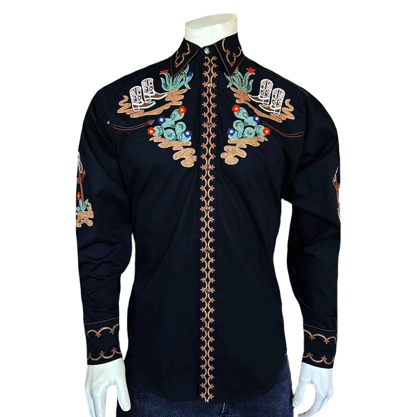 Men's Cactus & Cowboy Boots Embroidered Western Shirt in Black