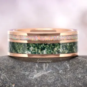 Moss Agate & Fire Opal Wedding Band- 8MM Rose Gold Tungsten