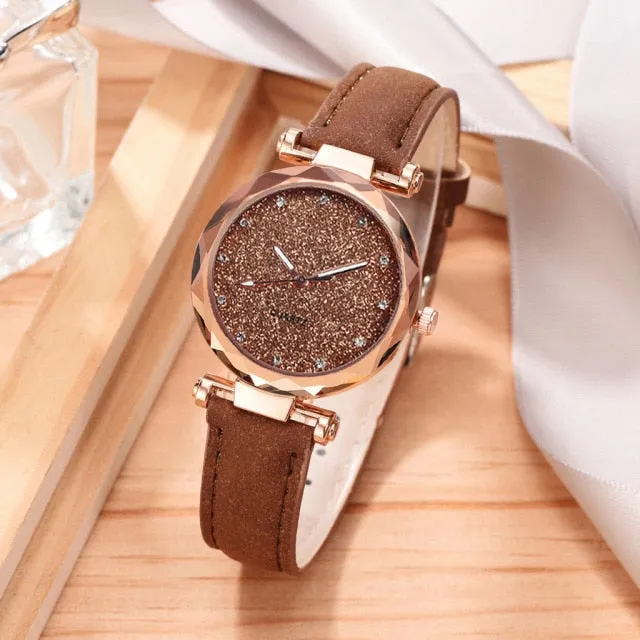 Natashahs Casual Women Romantic Starry Sky Wrist Watch bracelet Leather Rhinestone Designer Ladies Clock Simple Dress Gfit  Montre Femme