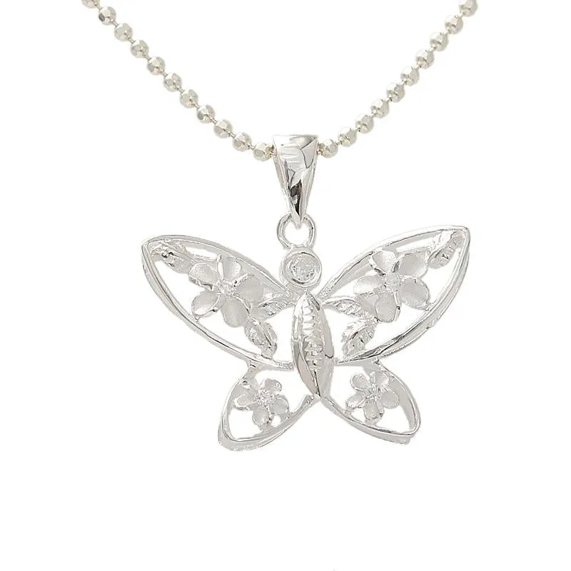 Sterling Silver 4 Plumeria with CZ Butterfly Pendant (Chain Sold Separately)