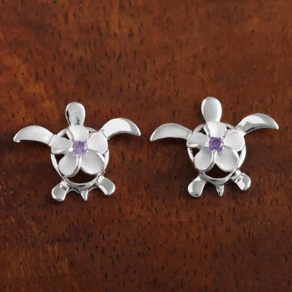 Sterling Silver 8mm Plumeria with Purple CZ on Honu (Hawaiian Turtle) Post Earrings