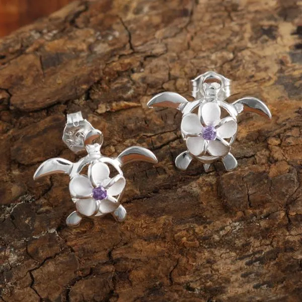 Sterling Silver 8mm Plumeria with Purple CZ on Honu (Hawaiian Turtle) Post Earrings