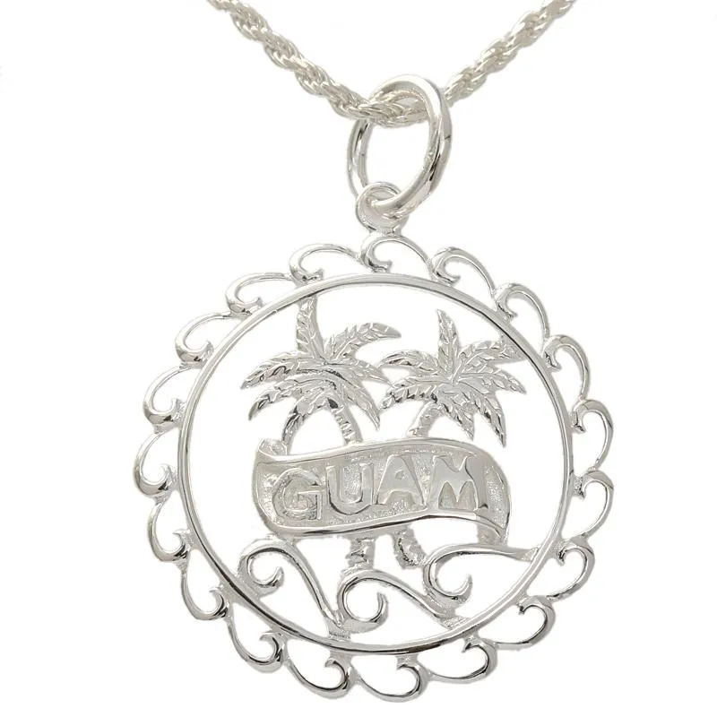 Sterling Silver GUAM Palm Tree in Circle Pendant (Chain Sold Separately)