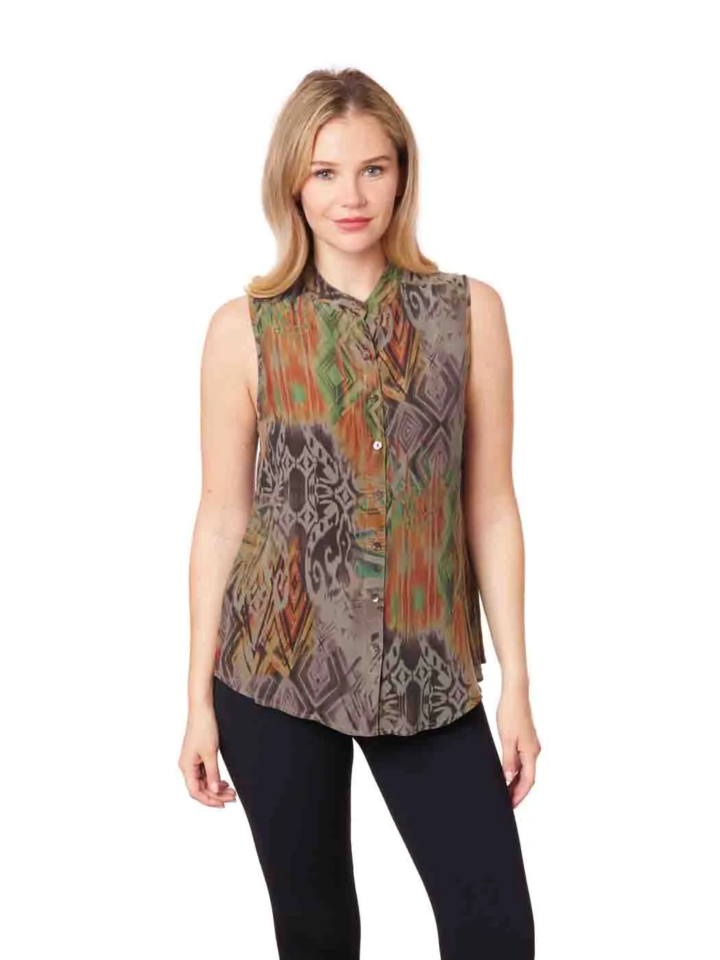 Tianello print "Machu Picchu" 100% Washable Silk "Ming" Sleeveless Blouse