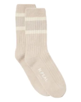 Women's Rib Stripe Cashmere Socks Ecru White