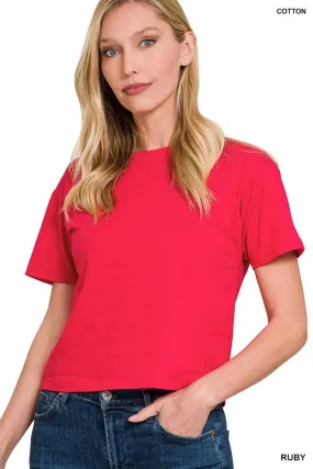 Zoey Short Sleeve Crew Neck Cropped Shirt - RUBY